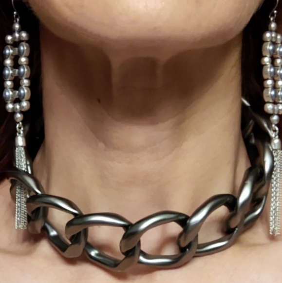 Chanel Designer Gunmetal Silver Chain Choker Necklace- Rare - Picture 2 of 9